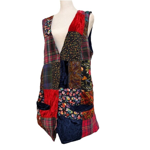Vintage Blue Patchwork Vest Women’s Large Tie Back Button Front - Picture 3 of 16